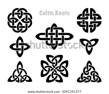 Celtic knots silhouettes. Irish knot symbols, celt three trintiy endless knotted shape vector icon, infinite spirit unity symbol, paganscircle tribal symbolism graphics isolated on white