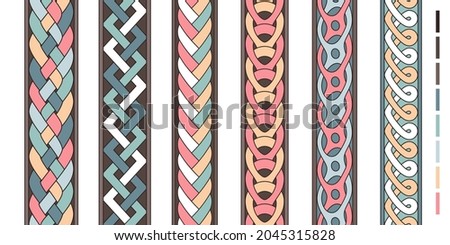 Braid lines. Wicker borders, colored knoted patterns, braided intertwined ropes, vector twist striped ornaments, curly braiding line strings vector set isolated on white background Foto stock © 
