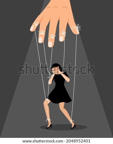 Woman puppet doll. Master puppeteer with girl toy on ropes, women relationships manipulation vector concept, business hand controling and manipulating, marionette in black dress illustration