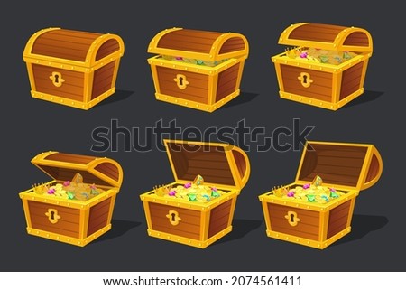 Treasures chest animation. Treasure box animated frames, golden treasurer locker opening, gold money ancient wood case for games neat vector illustration. Open box with treasure animation