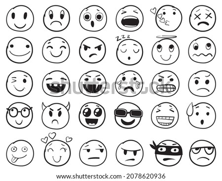Doodle emoji set. Doodles image pictograms, Smile emotion funny faces, happy fun emoticon line icons, sad hand drawn, neat outline isolated vector illustration. Illustration of emotion face expression Foto stock © 