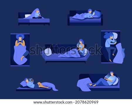 Night phone in bed. People using mobile before sleep, woman with smartphone nightly bedroom, man cellphone addiction children watching device blanket vector illustration. Night phone in bed