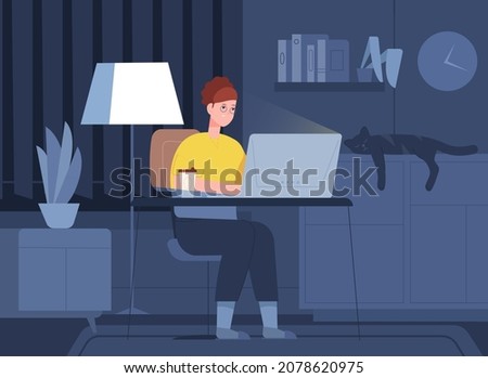 Woman working night. Remote work home room office, tired busy student learning overtime in computer desk late at job, hard study overnight, girl designer, splendid vector illustration