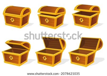 Chest animation. Empty treasure box, open and closed medieval ancient wooden chests, game old pirate treasures, lock boxes gold, isolated vector icon. Illustration of chest box open and empty