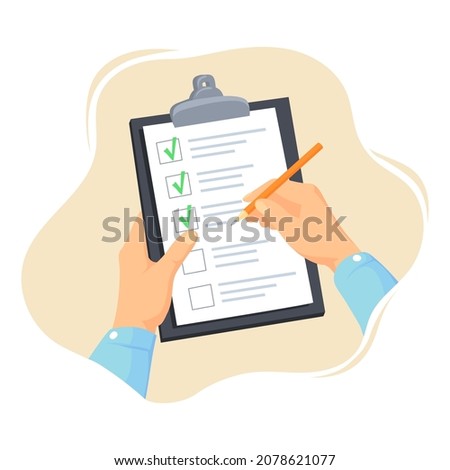 Hands holding checklist. Clipboard with paper list, hand tick pen checkmarks, checkboxes notes in test document, questionnaire survey form, assessment sheet, neat vector illustration