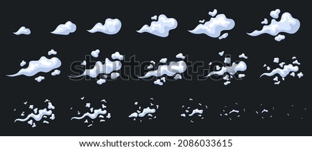 Exhaust animation. Animate smoke cloud, cartoon dust 2d animated effect for game, frame sprite sheet motion steam, emission gas storyboard fast smog vector illustration. Cloud steam flash and boom