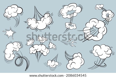 Speed cloud motion effect. Cartoon comic line clouds, moving smoke puff, funny fart, air jump blow wind dust, boom bubble explosion, spiral energy, windy shape neat vector. Illustration smoke comic Сток-фото © 