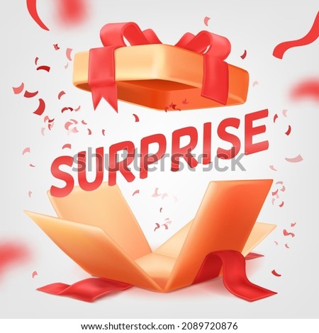 Open surprise sale. 3d gift box discount offer, christmas birthday present package, ribbon falling, boom confetti banner, wrap bow, happy celebration, vector illustration. Gift box surprise to sale Foto stock © 