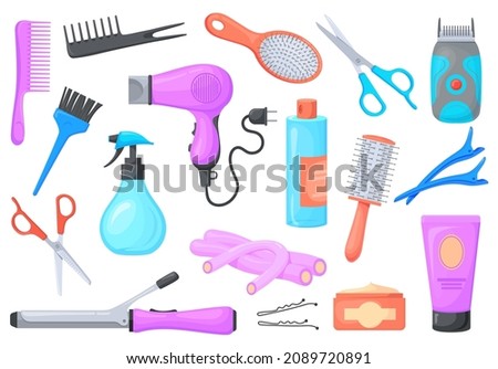 Cartoon hairdresser accessories. Professional tools for curling haircut barbershop, hair brush comb hairdryer razor scissors, beauty salon barber accessory, neat vector illustration. Hairdresser tools