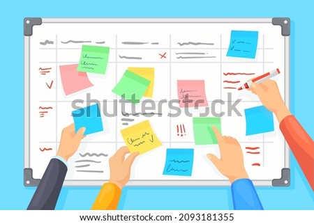 Task whiteboard. Developer tracking progress, priority tasks list blank board wall, organization schedule planning, scrum plan, team brainstorm, vector illustration. Whiteboard task, process planning Сток-фото © 