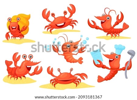 Cartoon cute crustaceans. Prawns shrimp crab prawn lobster crawfish crayfish shellfish mascot, seafood characters, funny ocean and sea animals, icons vector illustration. Prawn and shrimp crustacean