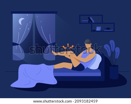 Night cramps. Man in bed woke up sudden sharp pain numb insensible legs, muscle cramp, ache injured joint, fatigue male foot, character suffering from spasms vector. Illustration of leg painful cramp