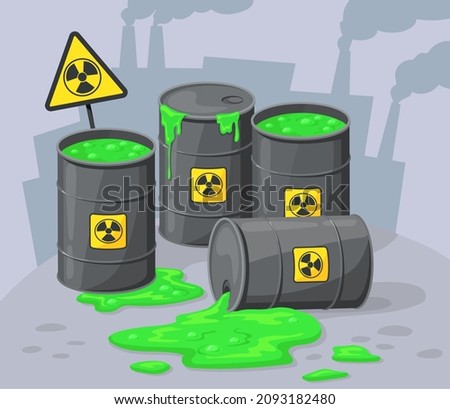 Barrels hazard liquid. Radioactive contamination of industrial waste, hazardous chemical materials, toxic environmental pollution, barrel danger substance vector. Illustration of radioactive pollution