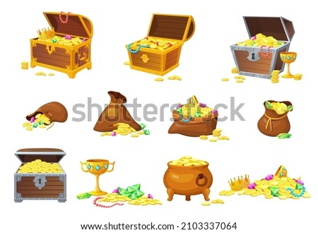 Pirate treasures. Chests and bags or sack treasure, treasur with jewel, pile golden coins, jewelry gems, set cartoon vector. Illustration of chest pirate with treasure and money in sack and box