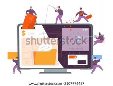 Cyber burglars. Hackers steal personal information, internet scam phishing web criminals online crime digital fraud, computer security, password data thief, vector of crime cyber illustration