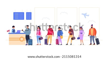 Queue of tourists. Travel people line departure airport, check passenger flight airplane, happy tourist suitcase traveling transit in vacation, cartoon vector illustration. Airport line to terminal