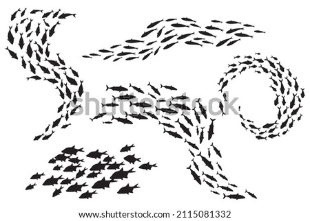 School fish silhouette. Group sea shoal small fishes swim in circle, shoaling and schooling ocean life, underwater ecosystem deep marine animals, plenty tuna, black icons. Illustration of sea fish