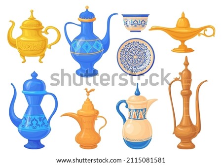 Cartoon arabic jugs. Moroccan teapot or bowl, antique aladdin lamp with genie, kitchen arabical treasure, jug art gold pot for coffee tea, arab heritage, neat vector illustration Stok fotoğraf © 
