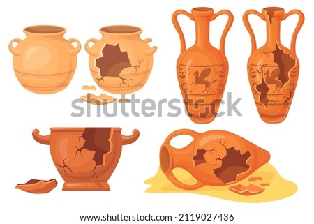 Cartoon broken pottery. Old cracked ceramic vases, history archeology urn for museum, ancient clay pots jar jug vessel, greece or roman artefacts, isolated neat vector illustration and broken pottery