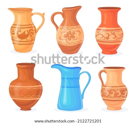 Cartoon rustic pottery. Clay jars bowl dish pot old art jug, isolated ceramic earthen ceramics pots, craft pitcher for milk, earthenware utensil, flat vector illustration. Jar ceramic, clay pottery