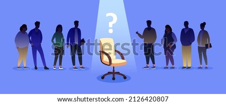 Job chair spotlight. Vacancy empty workplace, hiring businesswoman or businessman leader for office job, vacant promotional worker, join employee spot, vector illustration. Recruitment job and vacancy