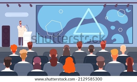 Doctors at medical audience. Speech of speaker medicine at scientific medical conference doctor congress, science seminar, professor lecture auditorium vector illustration. Medical seminar audience