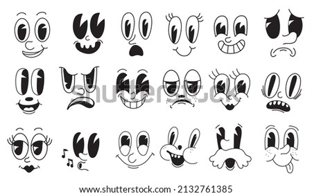 Facial mascot 30s. Looking toon faces quirky characters, creator cartoon laughing persona without limbs, vintage comic animation face eye caricature vector illustration. Facial character expression