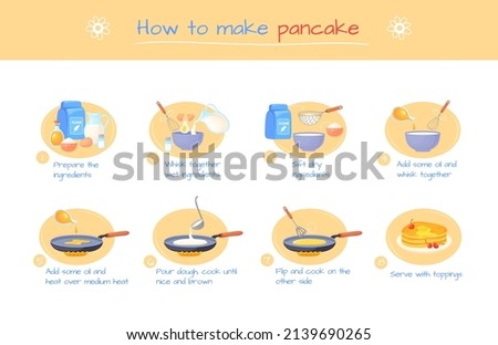 Recipe pancake preparation. Making pancakes or crepe, hands preparing products baking food, mix flour with egg in bowl for batter sweet dessert, cartoon neat vector illustration recipe cooking