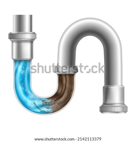 Realistic drain pipe. Clogging plumbing 3d pipes under sink or sewerage, liquid cleaner for unclog toilet drains, clean water block in dirt piped drainage tidy vector illustration. Pipe plumbing Foto stock © 