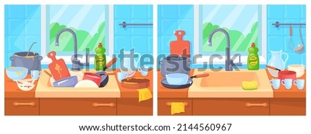 Sink messy dishes. Washing dirty dish after cooking on kitchen tap cleaning cup and plate from food, clean shiny utensils in washbasin wash sponge, cartoon vector illustration. Kitchen messy domestic