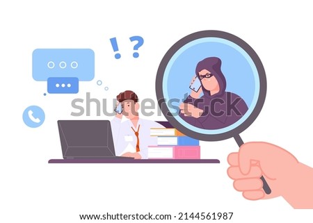 Phone frauding. Internet scammer attract people and blackmail money identity call, cyber theft hacking banking card on calls, vector illustration. Fraud and scammer criminal 商業照片 © 