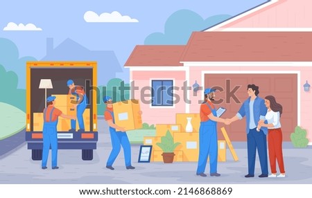 Moving house service. Delivery loader unload furniture and box cargo truck, unloading van on new home address, supplies logistic transportation, cartoon swanky vector illustration