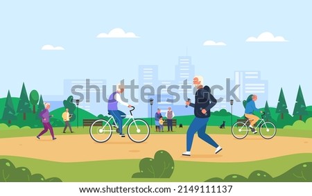 Elderly activity park. Senior people running, elder cyclist on bicycle, older man walking in summer nature, retired athlete lifestyle, fitness jogging, vector illustration. Park lifestyle jogging