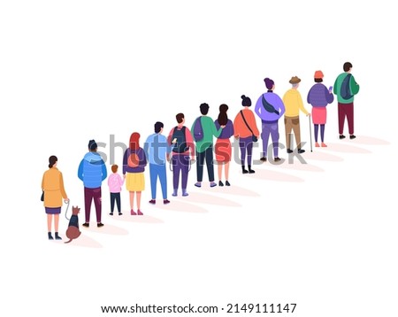 Back stand queue. Queueing people crowd long line in public bathroom, group person waiting buy airport ticket, standing character shopping registration, garish vector illustration