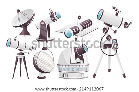 Cartoon observatories. Satellite telescope astronomical telescopio, astronomer building dome, space cosmos planetarium, night optical antenna for stars, vector illustration of discovery telescope