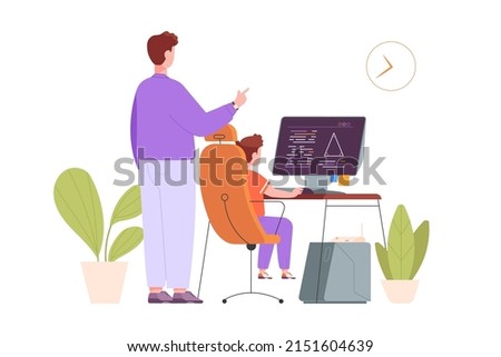 Homework help on pc. Father teaching teen student computer elearning, helpful parent learn child sitting schooler boy study online school courses, vector illustration. Parent teaching and helping