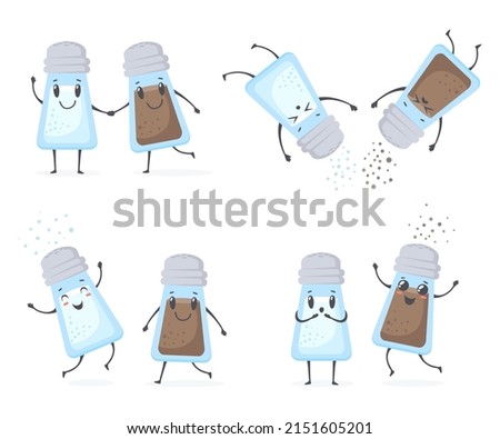 Salt pepper shakers character. Cartoon cute sprinkle seasoning shaker, kawaii funny condiment smiling expression, sprinkling salty powder bottles, vector illustration. Character cooking ingredient
