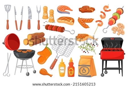 Cartoon bbq elements. Summer barbecue, burning grill picnic food roasted beef steak fish meat menu cooking chef grilling hamburger kebab sausage vegetable, vector illustration. Barbecue grill party