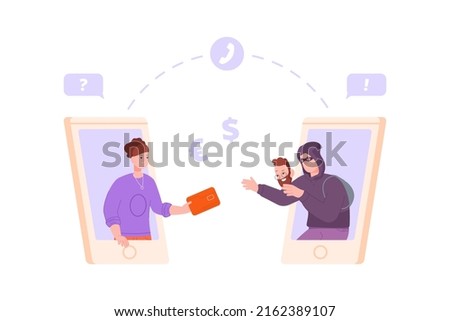 Phone bank scammer. Extortion money from credit debit card, protecting swindle attack on call or online banking app, financial fraud mask vector illustration. Scammer and phishing fraud, scam phone 商業照片 © 