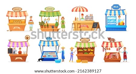 Street vendor booth. Tent trading food market, agriculture fair festival bread seller local merchant asian seafood stall, butchery shop farm kiosk, cartoon neat vector illustration