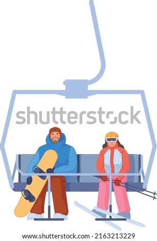 People seating in funicular with winter sport equipment isolated on white background