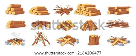 Pile firewood. Stack wood log bonfire, cartoon sticks branches timber forest tree for burning fire, bundle dry brushwood timbered firewoods lumber trunk, neat vector illustration of pile firewood