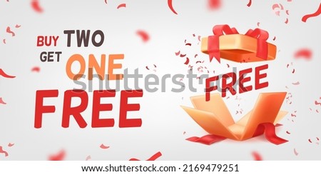 Free prize 3d. Giveaway gifts shopping offer trendy banner, buy 1 get 2 bonus box promo ads leaflet sale poster winning giving reward giftbox confetti explosion vector illustration of gift free