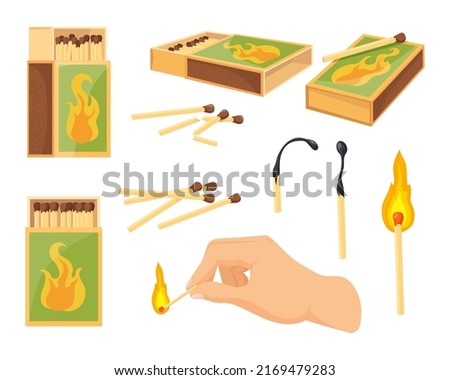 Burning match boxes. Cartoon matchstick in matchbox, matchbook matches burn wooden stick fire heat arson wood dark of sticks matchbooks, isolated neat vector illustration. Matchstick box and matchbox