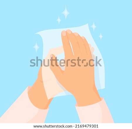 Wipe hands tissue. Hand wipes paper napkins towel wiping dry body, dirt handing rinse cloth sanitary soap kitchen cleaner, wash using hygiene handkerchief vector illustration. Tissue paper in hand