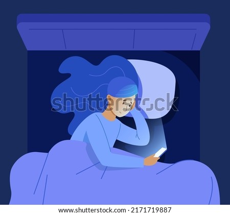 Sleepless woman with phone. Girl in bed look on light screen of smartphone messages, chek cellphone, night insomnia poor mobile addiction, awake nightmare, vector illustration of sleepless with mobile