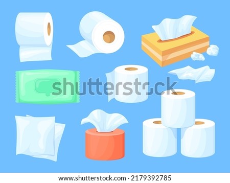 Cartoon paper towel. Papers tissue box wc toilet roll, flatly napkins for wipe nose, wet sanitary wrap napkin clean kitchen household used bathroom hygiene neat vector illustration. Roll paper white