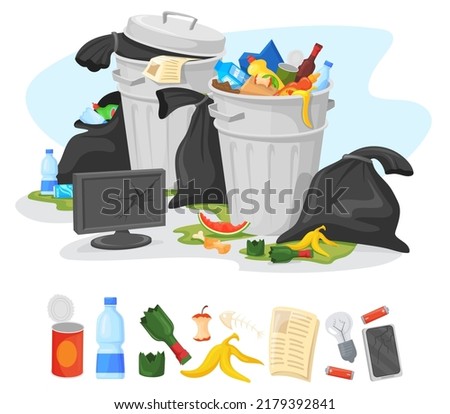 Unsorted trash dumpster. Overflowing garbage bucket, pile city rubbish bags cans, litter heap, cartoon dirty metal bin overflow rotting food plastic waste, vector illustration of rubbish waste garbage