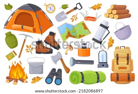 Outing equipment. Camping equipments, cartoon travel trekking scouts tool, hiking gear adventure trip rucksack tent camp object tourism summer vacation set neat vector illustration of tourist backpack