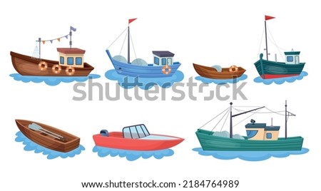 Boats with fishing nets. Fisherman boat marine ship sea ocean fisheries for fish production industrial seafood shippings water vessel fishery towboat, neoteric vector illustration of sea boat set